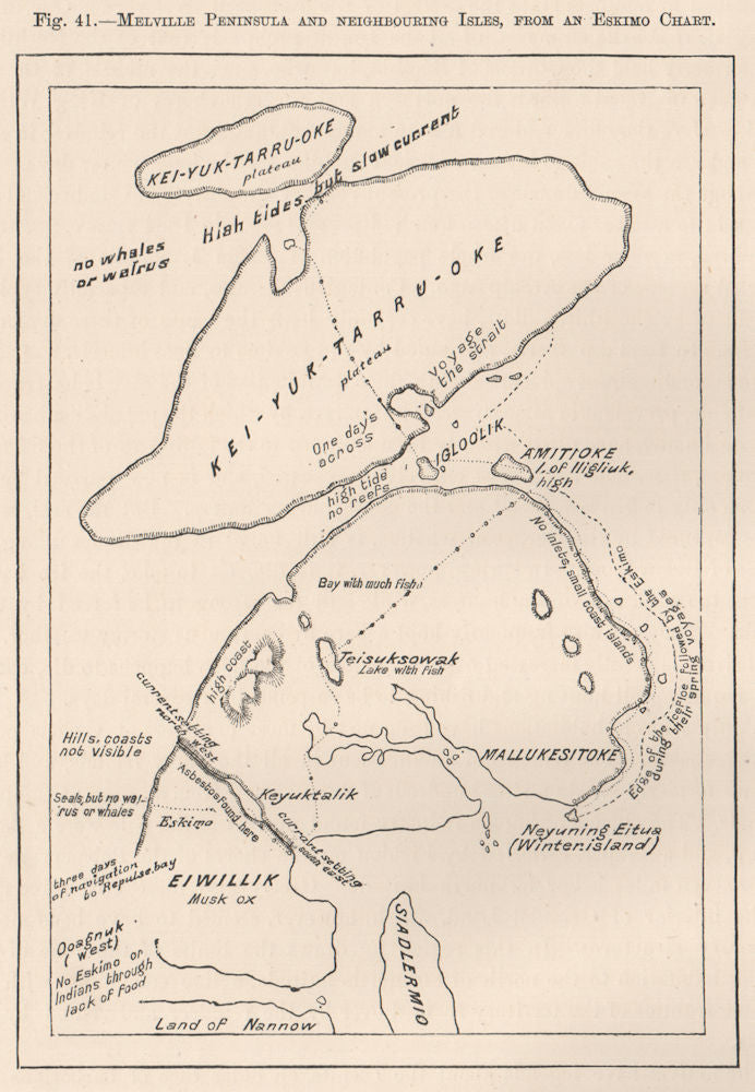 Melville Peninsula & nearby Isles from an Eskimo chart.Canadian Arctic 1885 map